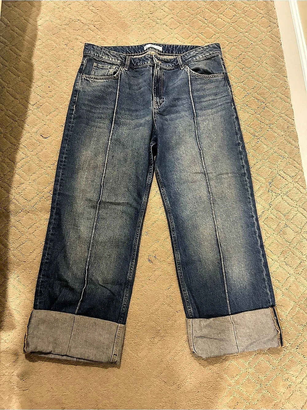 MNG Cuffed Straight Leg Jeans in Blue Size 12